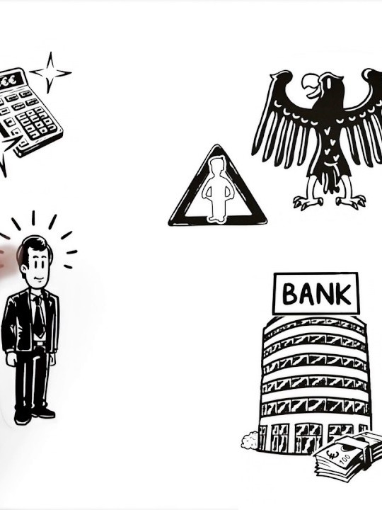 Teaserbild: Zeichnung mit Exporteur, Taschenrechner, Bundesadler, Bankgebäude