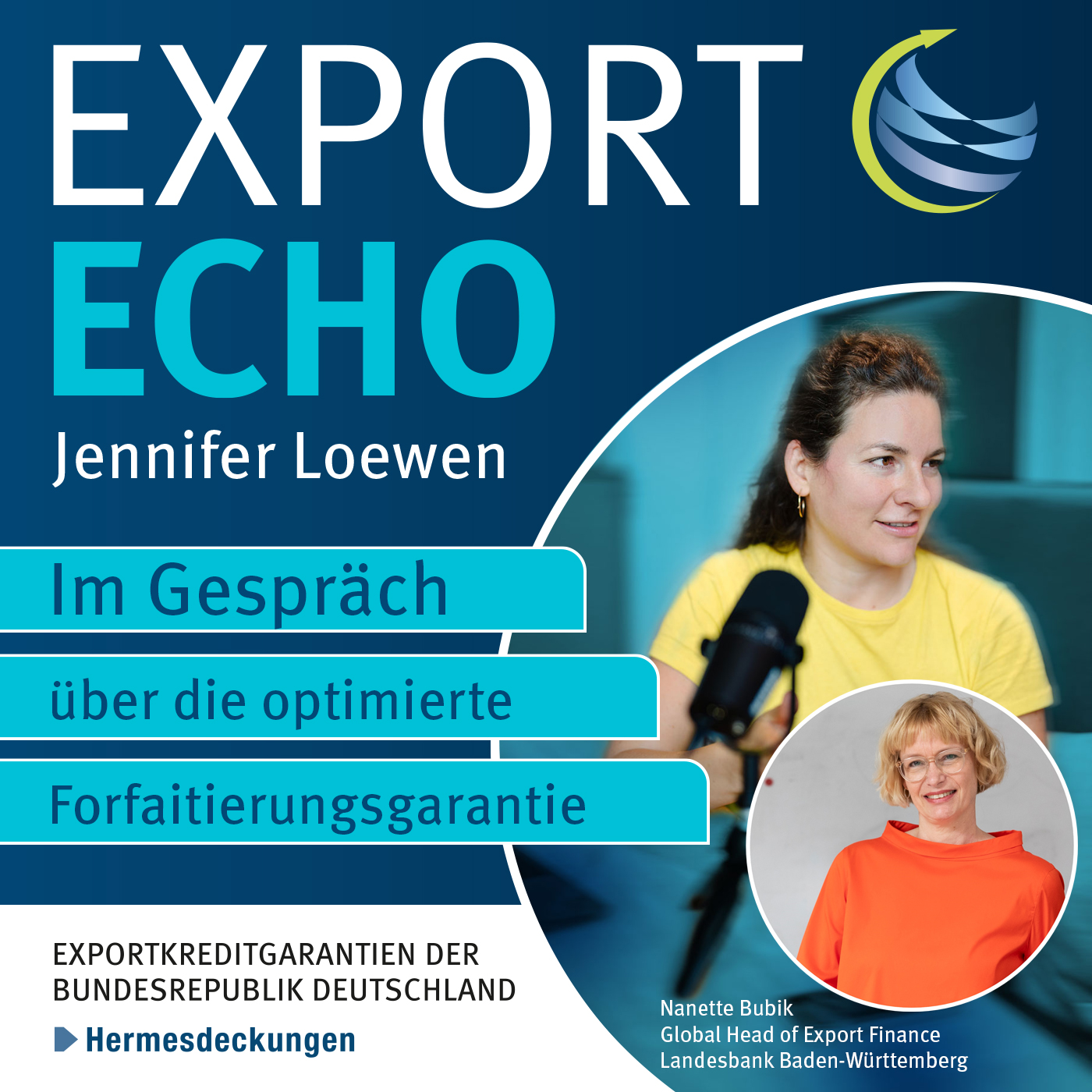 Podcast-Cover: Logo Export Echo, Titel und Portrait von Jennifer Loewen und Edna Schöne