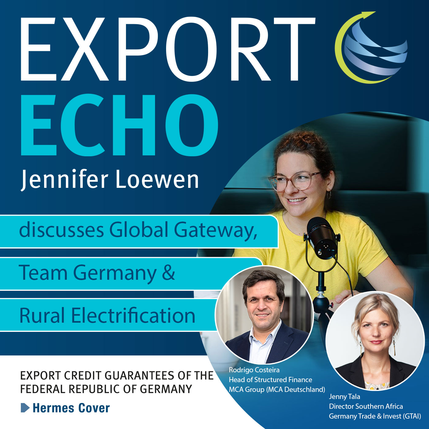 Export Echo – the podcast on German Federal export credit guarantees Podcast cover image – headline with a portrait of Jennifer Loewen