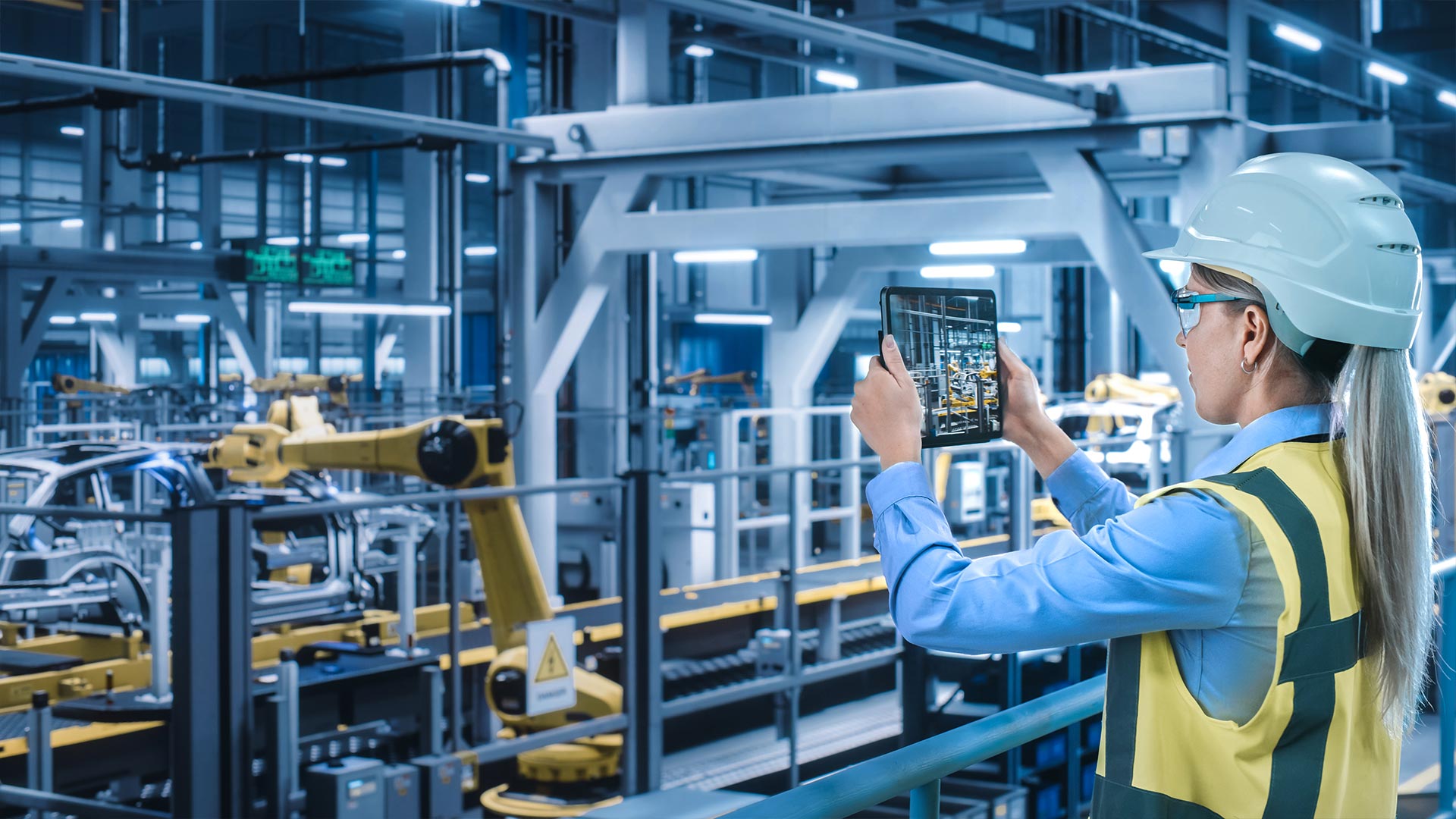 An employee photographs a production facility