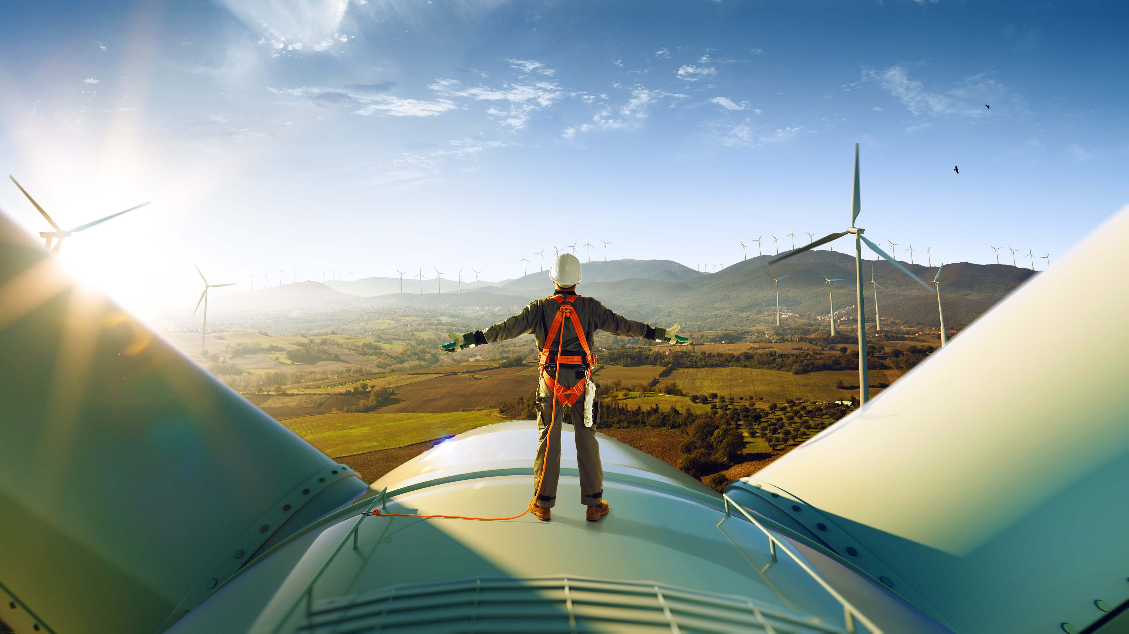 Bild: Mann auf Windkraftrad blickt in Landschaft